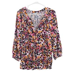 Crown & Ivy Boho Peasant Blouse – Large Pink Orange Leopard Print V-Neck • NWOT